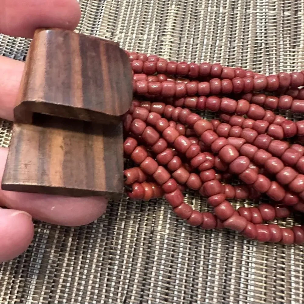 Bali Maroon Brown 14 Strand Bead Bracelet Wood Clasp Hard Wood Boho Casual